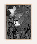 Close-up Black Lion Wall Art poster with detailed mane linework and foliage background