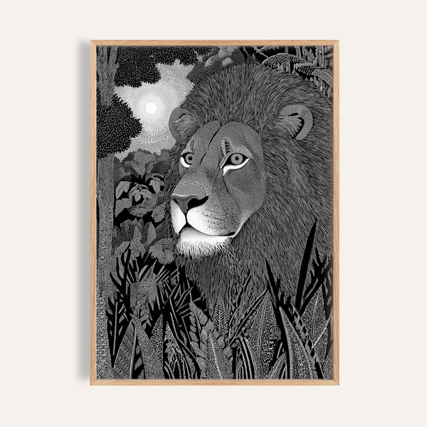 Close-up Black Lion Wall Art poster with detailed mane linework and foliage background