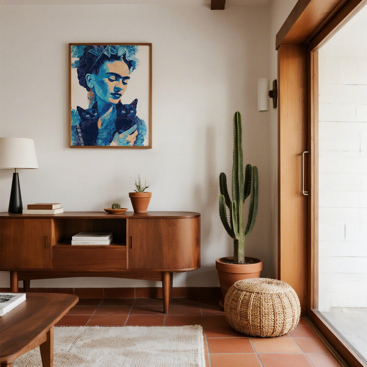 Modern Frida Kahlo art style piece featuring deep contrast and clean background.