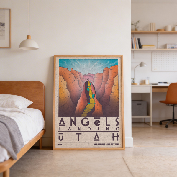 Illustrated desert canyon wall art with a winding trail line and layered mesas, Zion National Park Art