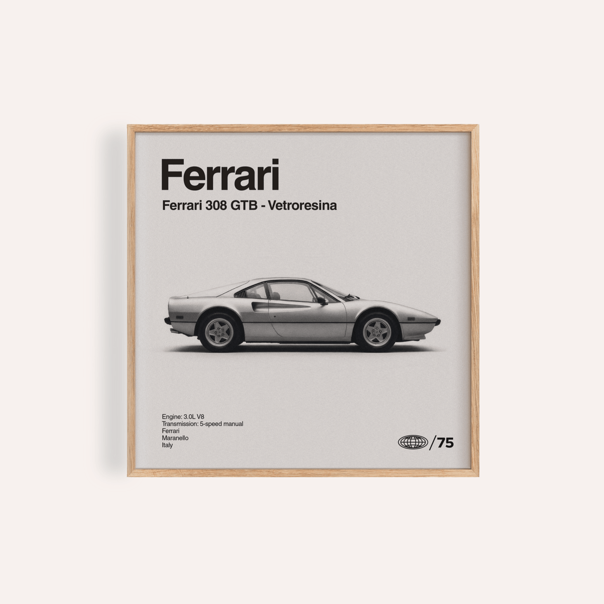 Ferrari 308 GTB Print in Black and White for living room wall art