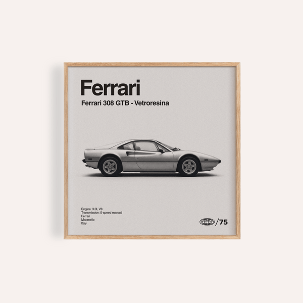 Ferrari 308 GTB Print in Black and White for living room wall art
