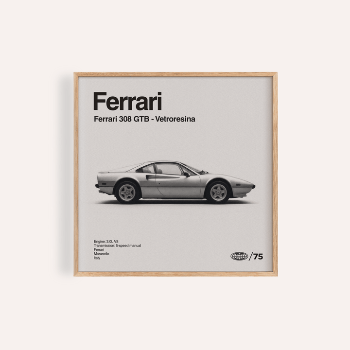 Ferrari 308 GTB Print in Black and White for living room wall art