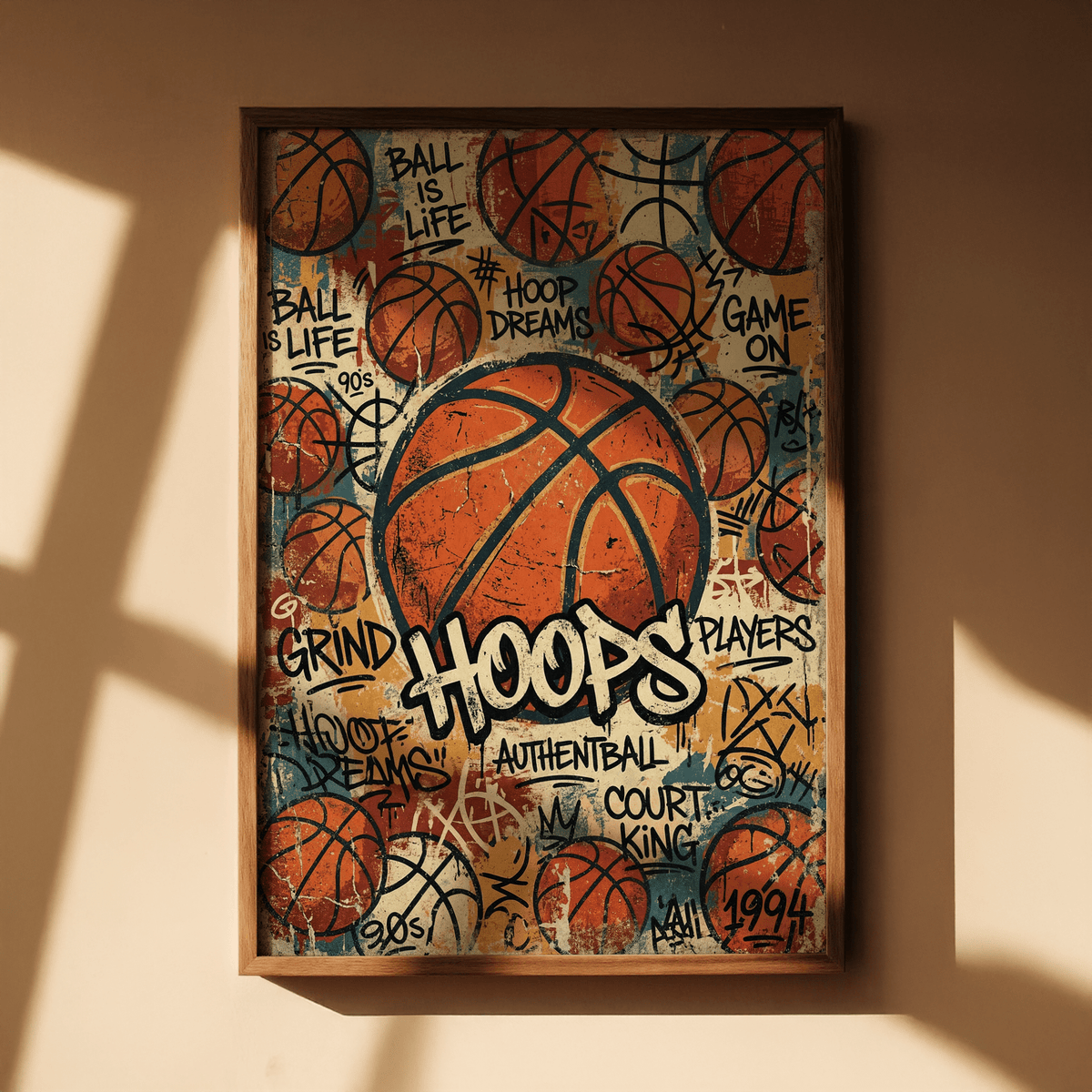 Street-inspired basketball poster print with large central ball and spray-paint marks