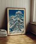 Vertical wall art print of pine trunks and drifting snow with open sky space
