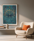 Colorful Nature Print capturing lotus bloom, fish, and lunar symbols in Blue, Purple, Green