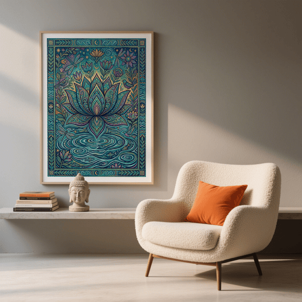 Colorful Nature Print capturing lotus bloom, fish, and lunar symbols in Blue, Purple, Green