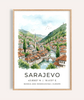 Watercolor Sarajevo City Print artwork of river bridge and mosque dome