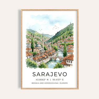 Framed Sarajevo City Print showing cityscape with river and mosque in watercolour style
