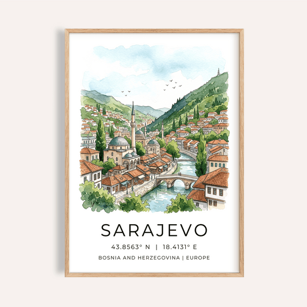 Watercolor Sarajevo City Print artwork of river bridge and mosque dome