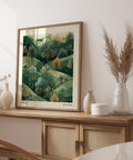 Japandi-inspired nature wall art with rolling green hills.