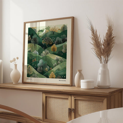 Japandi-inspired nature wall art with rolling green hills.