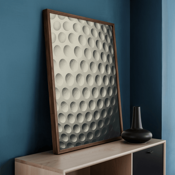 Cropped golf ball texture wall art print focused on geometric dimples