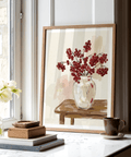 Botanical wall art of berry twigs, soft brush strokes, neutral backdrop