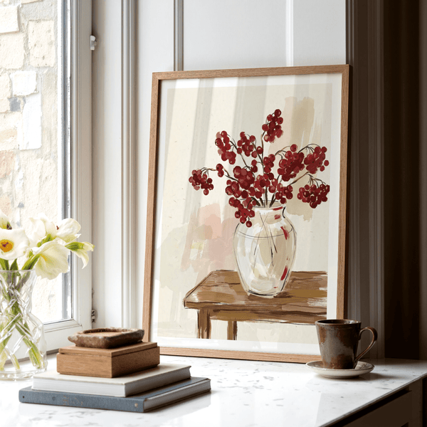 Botanical wall art of berry twigs, soft brush strokes, neutral backdrop