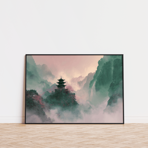 Misty Mountain Temple Art wall art print with Beige, Green, and Pink for entryway décor
