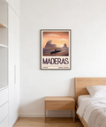 Minimal travel poster of Maderas beach showcasing distant rock formations