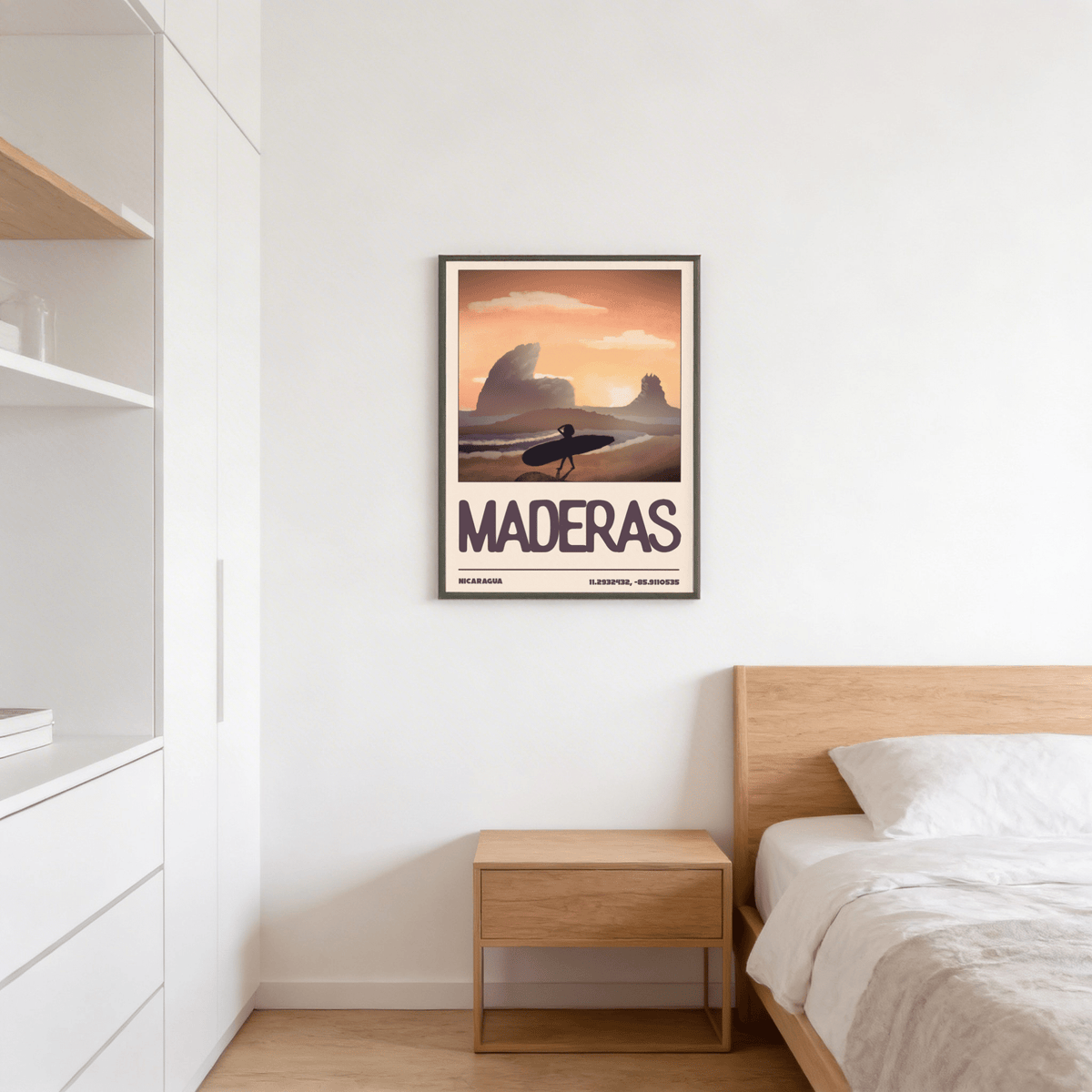 Minimal travel poster of Maderas beach showcasing distant rock formations