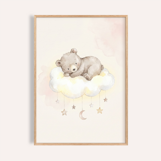 Sleeping bear on cloud poster with hanging stars and crescent moon