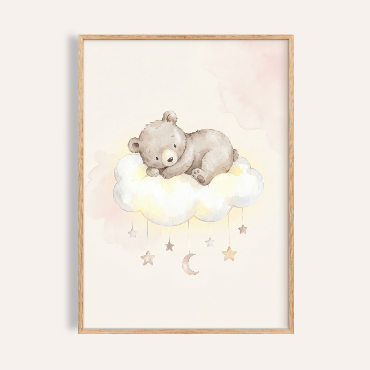 Sleeping bear on cloud poster with hanging stars and crescent moon