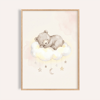 Bear Cloud Art Print of a watercolour sleeping bear on a cloud with hanging stars and a moon