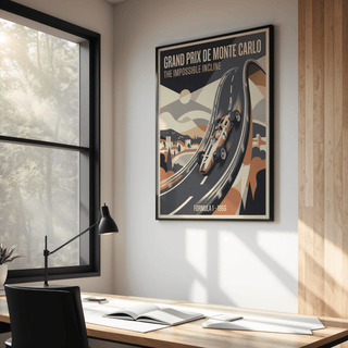 Close-up Grand Prix Wall Art focusing on the race car climbing the curved road with dashed markings