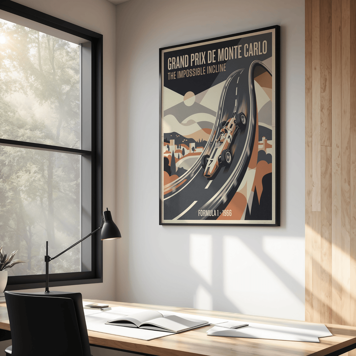 Close-up Grand Prix Wall Art focusing on the race car climbing the curved road with dashed markings