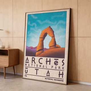 Vintage-style travel poster print showing Delicate Arch over distant mountains