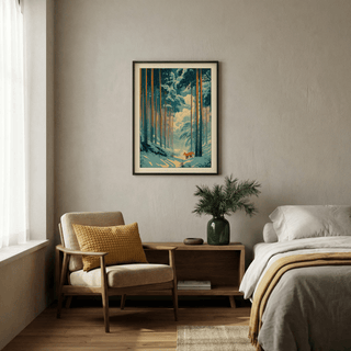 Serene forest poster with open snowfield, vertical bamboo, and small fox