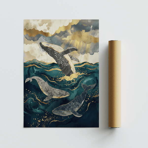 Ocean Art Print in Blue and Gold colors, great for entryway wall art