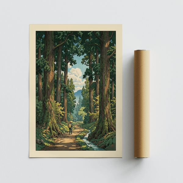 Nature landscape print showing a forest corridor, winding path, and distant ridge under clouds