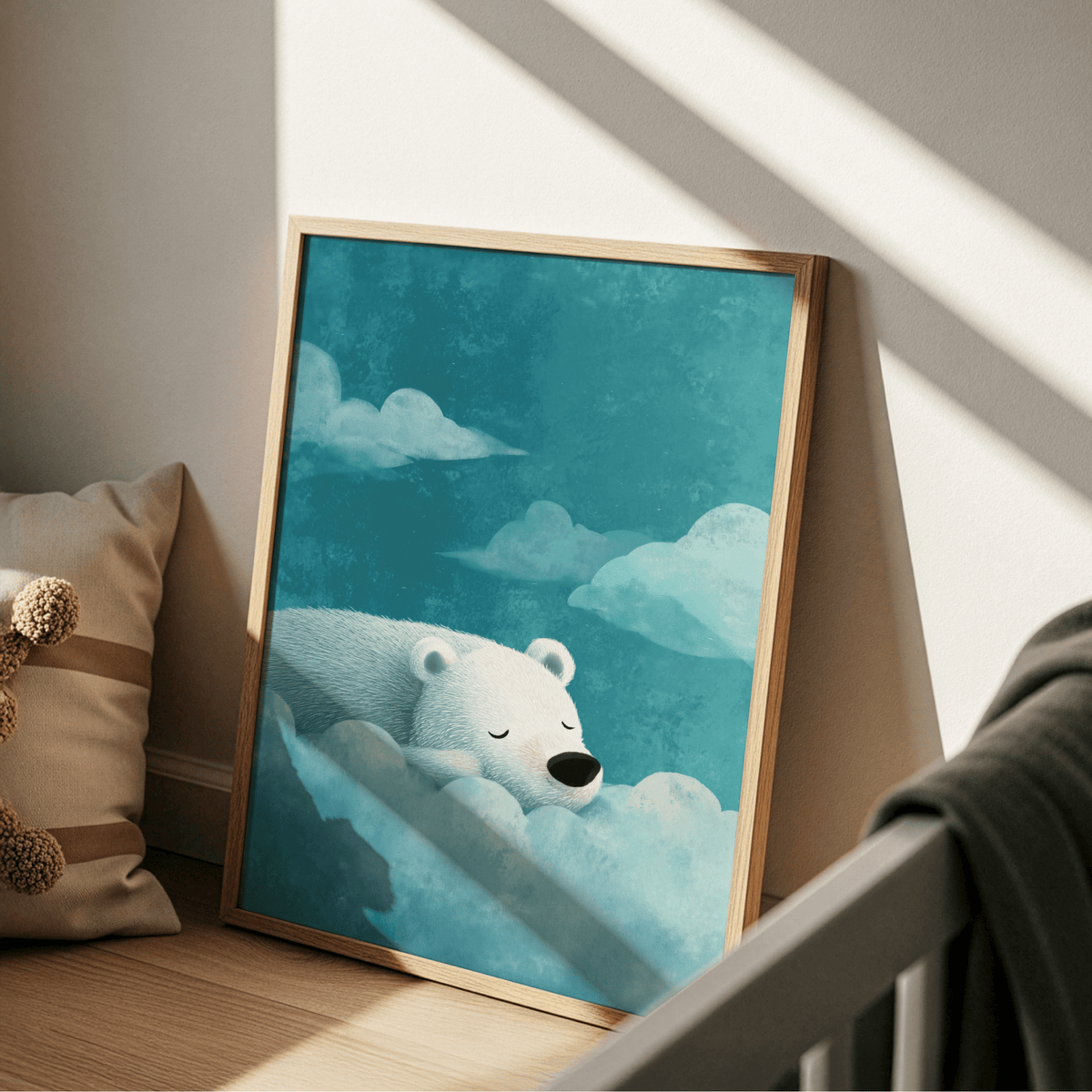 Polar Bear Wall Art in blue and white for a child's bedroom poster