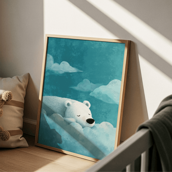 Polar Bear Wall Art in blue and white for a child's bedroom poster