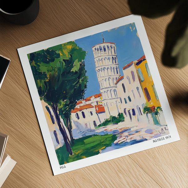 Bright blue sky frames the Leaning Tower in this expressive Pisa print.