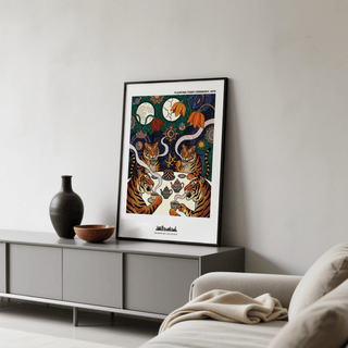 Close-up of tiger face and teacup on a Tiger Tea Ceremony Print poster