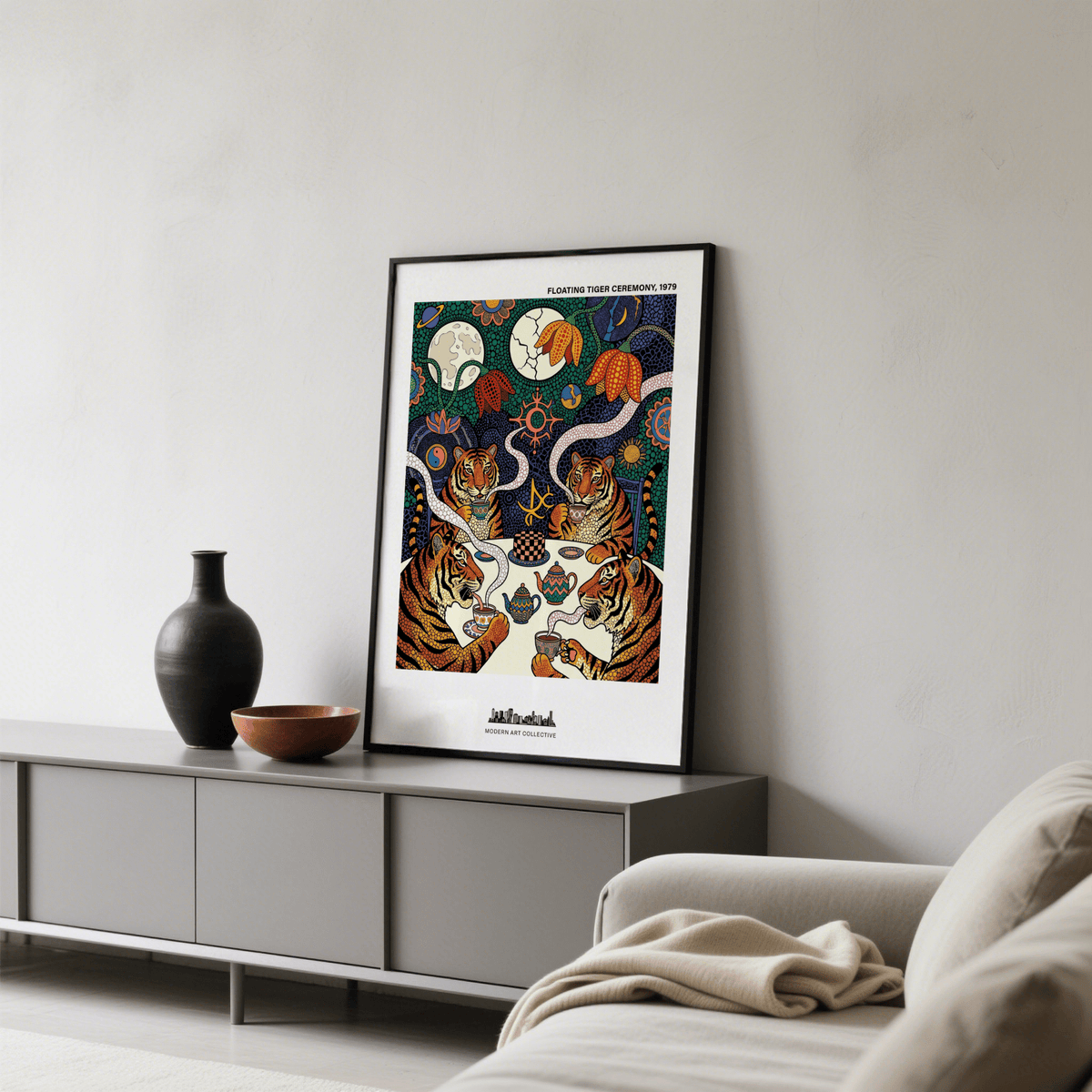 Close-up of tiger face and teacup on a Tiger Tea Ceremony Print poster