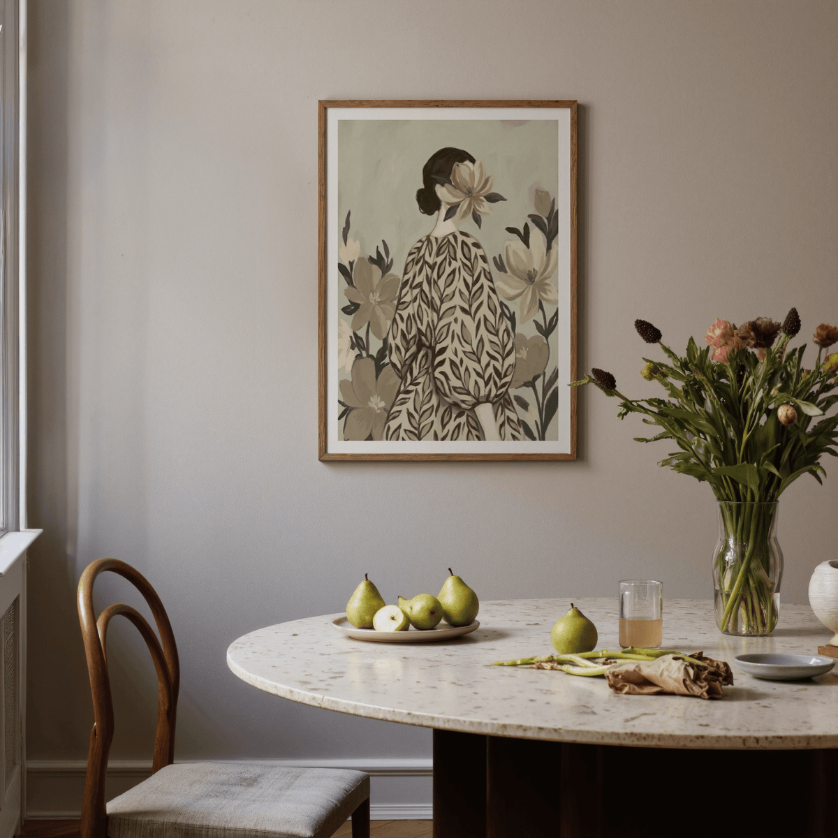 Botanical Portrait Painting for dining room with Beige, Brown, and soft Green