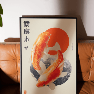 Serene Koi Fish Art Print in orange and red tones for bedroom decor