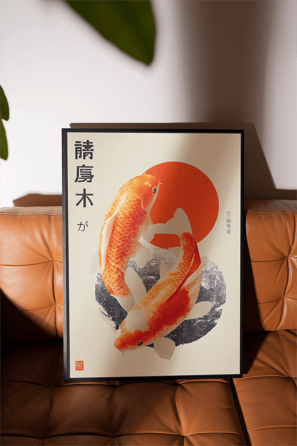 Serene Koi Fish Art Print in orange and red tones for bedroom decor