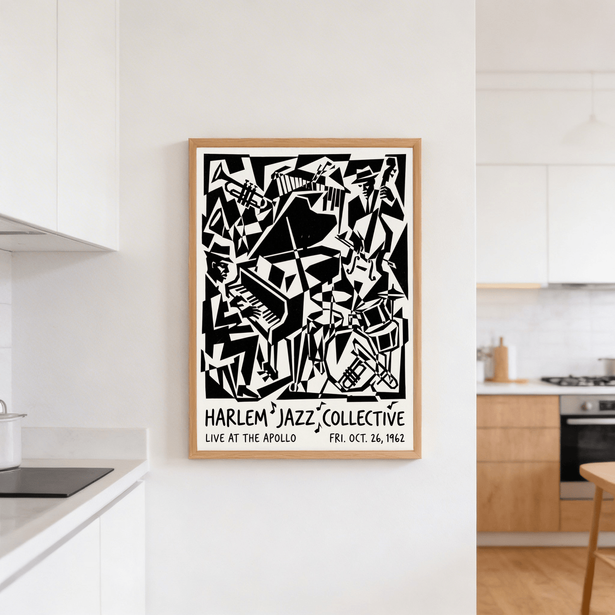 Geometric jazz band print with overlapping figures creating rhythmic contrast