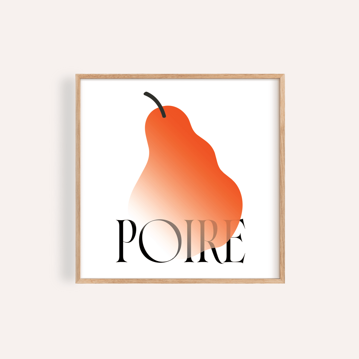 Centered pear silhouette wall art print with “POIRE” serif text on a white background