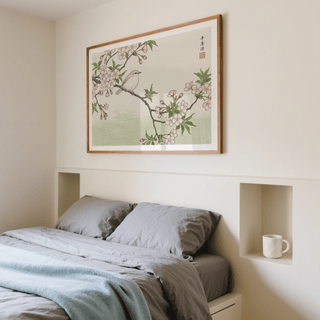 Bird Cherry Blossom Art Print against open negative space background