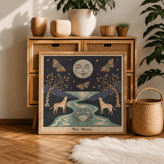 Symbolic tarot wall art showing The Moon Tarot Card Art scene with river reflections, wolves, and a crab