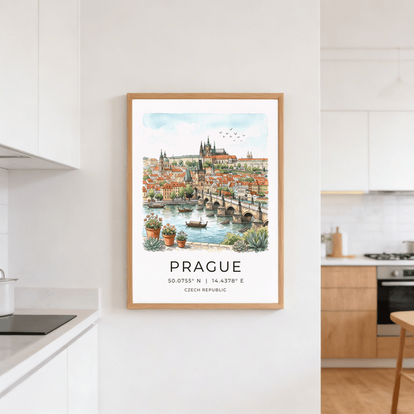 Landscape Prague poster print with boats on the river and historic architecture