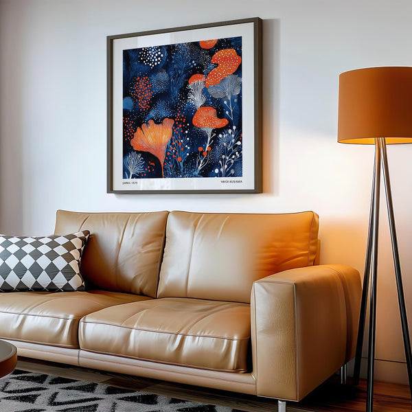 Abstract Japanese print with orange petals and white dots for living room.