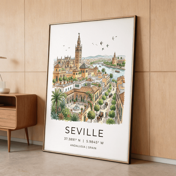 Travel poster wall art of Seville with courtyard fountain, palms, and birds in flight