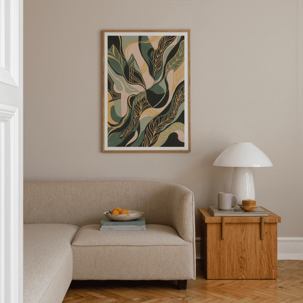 Abstract Leaf Art Print with green, yellow, and pink in dining room setting