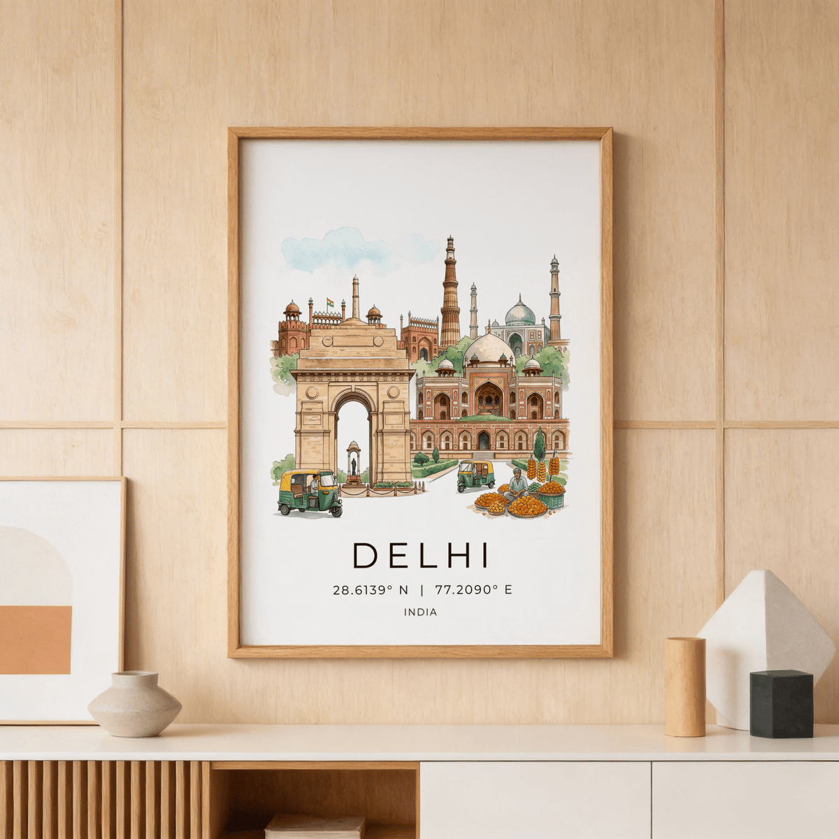 Close view of Delhi Landmark Art Print highlighting layered domes and skyline