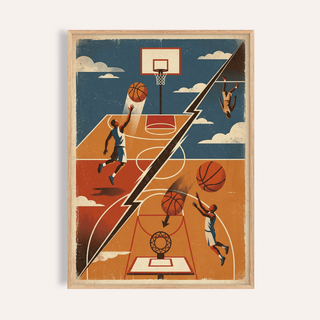 Diagonal split basketball poster showing two hoops and players in motion