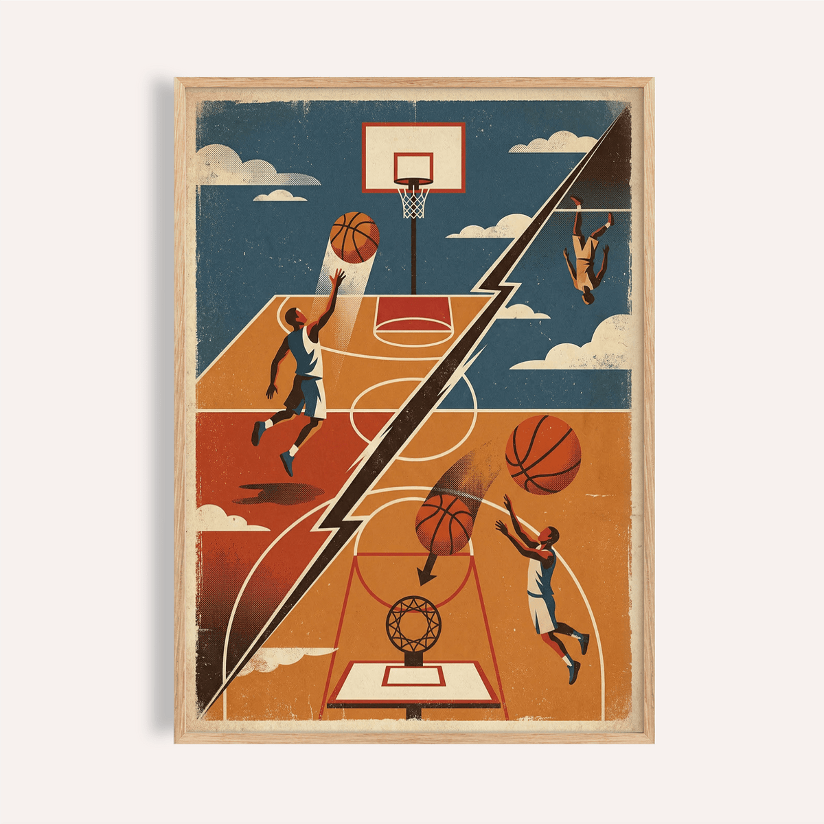 Diagonal split basketball poster showing two hoops and players in motion